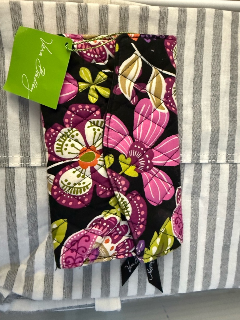 Vera Bradley Black Quilted Wristlet with Pink & Lime Floral Print